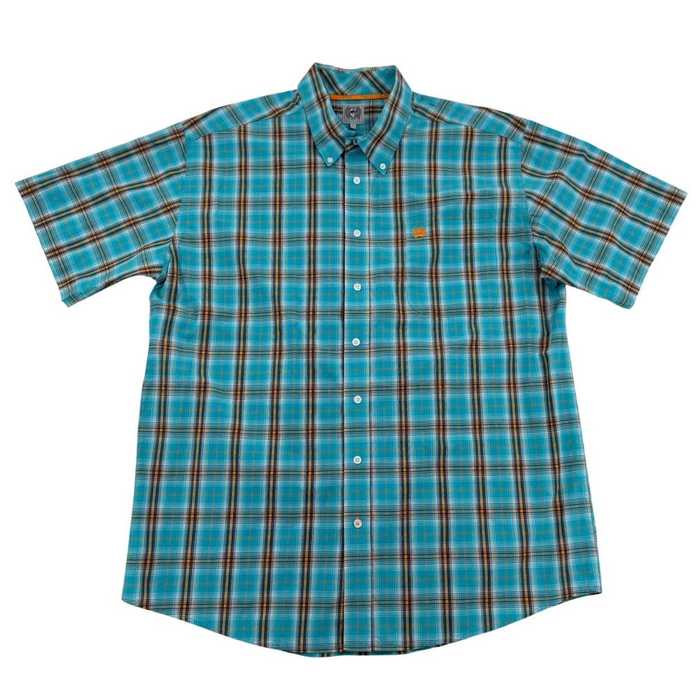 Cinch Turquoise Plaid Short Sleeve Button Down Western Shirt Cotton Mens Large
